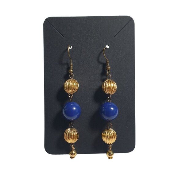 Handmade Gold Blue Beaded Dangle Earrings By Donovan Lightweight 3" Long Gift - Picture 1 of 4